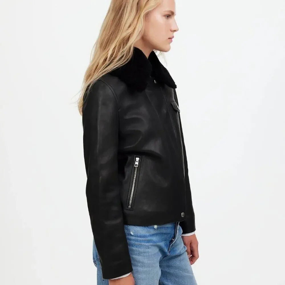 NWT Madewell Sherpa-Collar Asymmetric Zip-Front Jacket in Leather XS